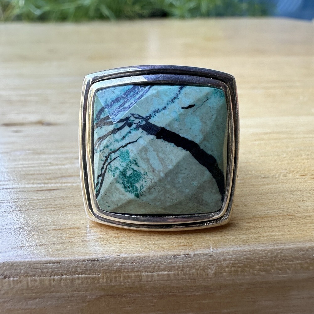 VTG Barse Statement Ring Sz 7.75 Green Tortoise Variscite 925 Sterling 10.5g